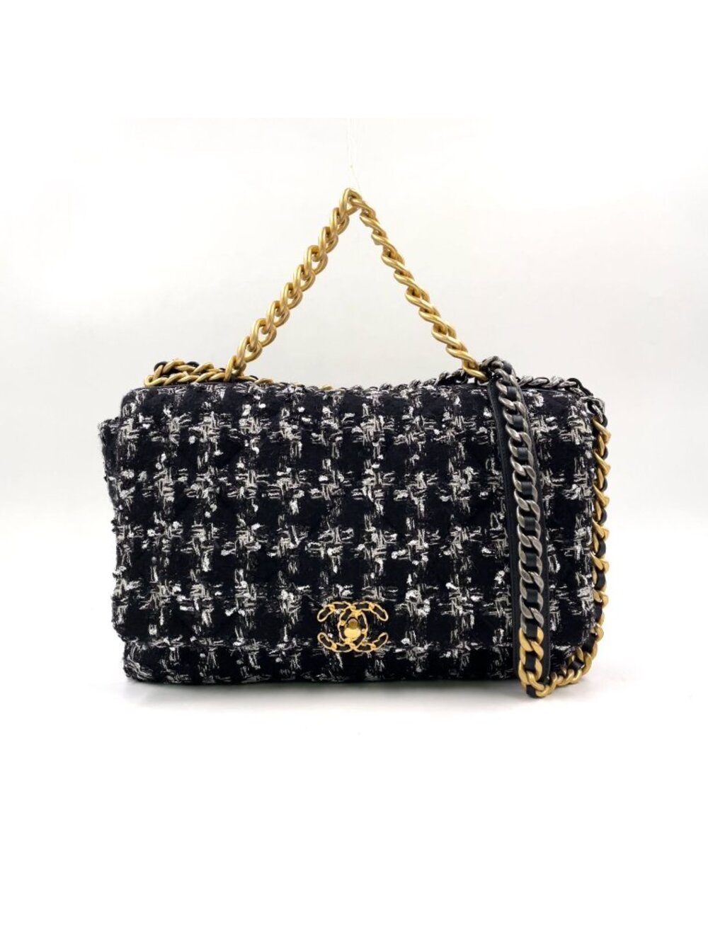 Chanel CC Logo Handle Leather Tweed Black Shoulder Bag Gold